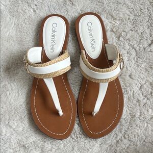 Calvin Klein White and Brown Thong Slide Sandals with Woven Detail